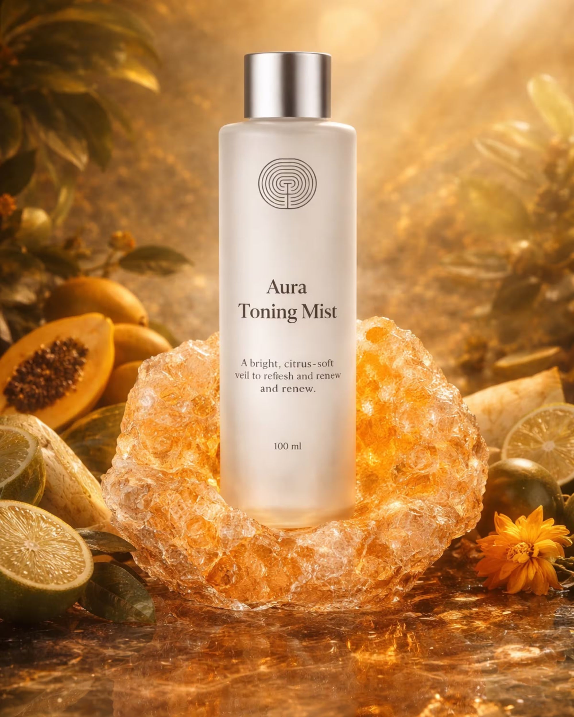Aura Toning Mist bottle with citrine crystal and fruits on a warm-toned background