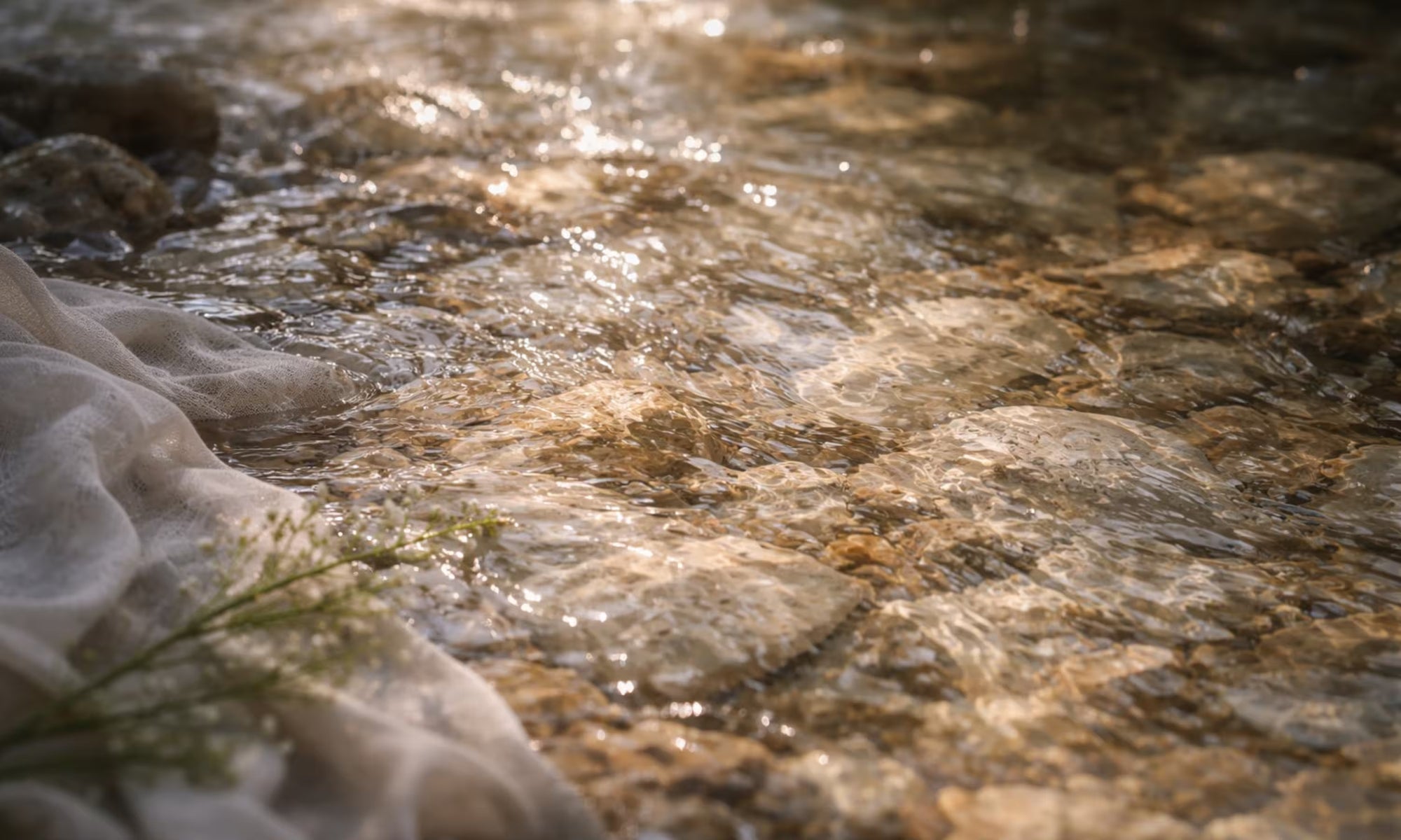 Close-up of flowing water with rocks and a blurred background