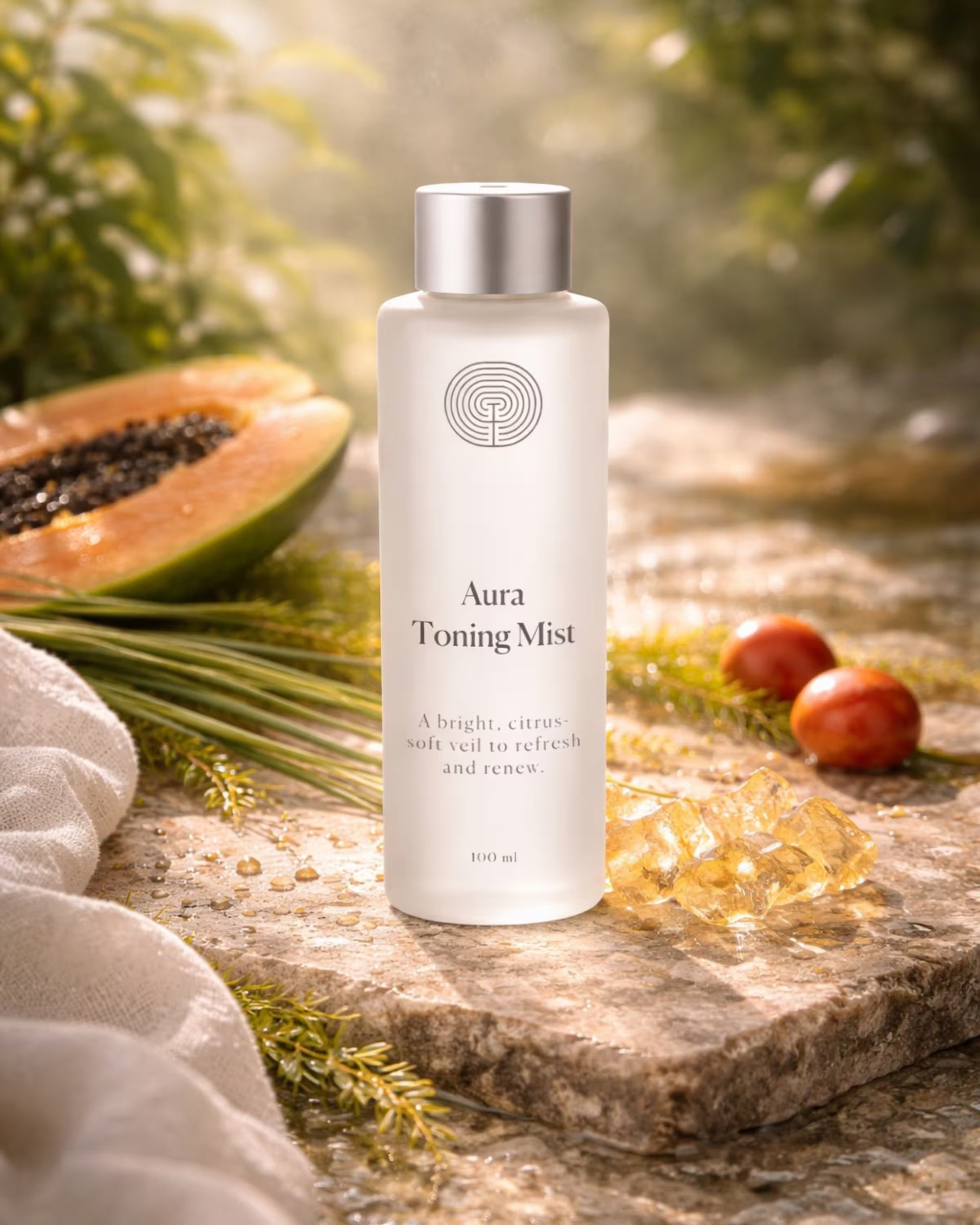 Aura Toning Mist bottle on a natural stone surface with a papaya and leaves in the background