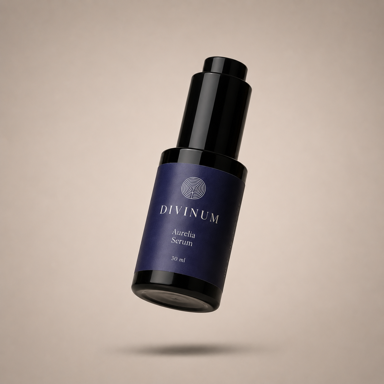 A floating bottle of Divinum Aurelia Serum, featuring a dark purple label and a black dropper cap, set against a solid beige background with a soft shadow underneath.