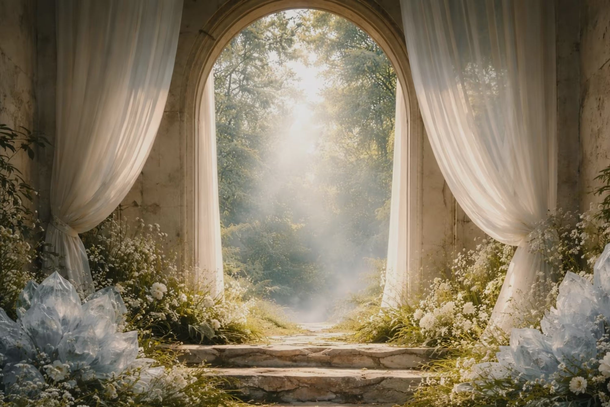 Archway with draped fabric leading to a forest with sunlight filtering through the trees.