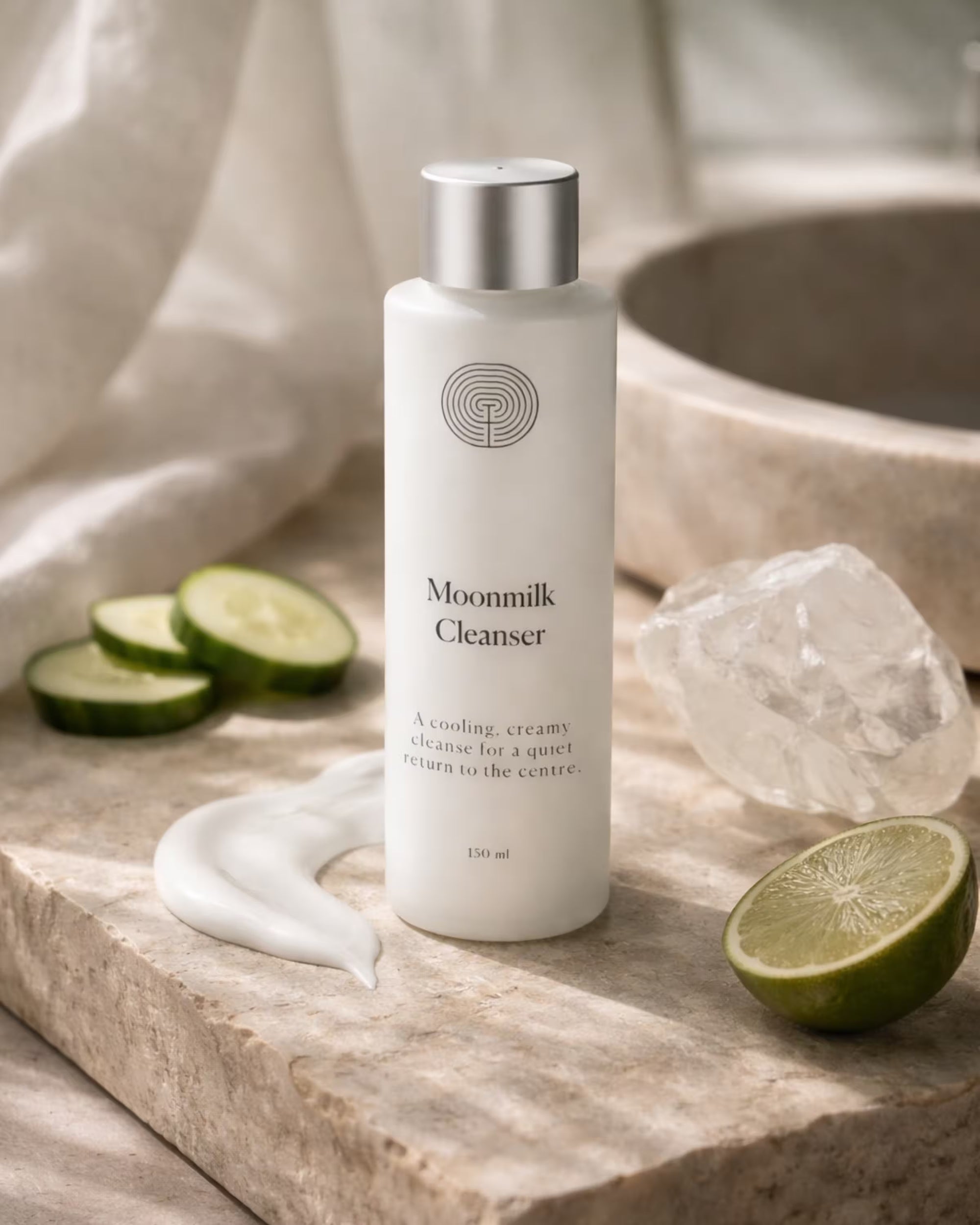 Moonmilk Cleanser bottle with lime, cucumbers, and selenite crystal on a wooden surface