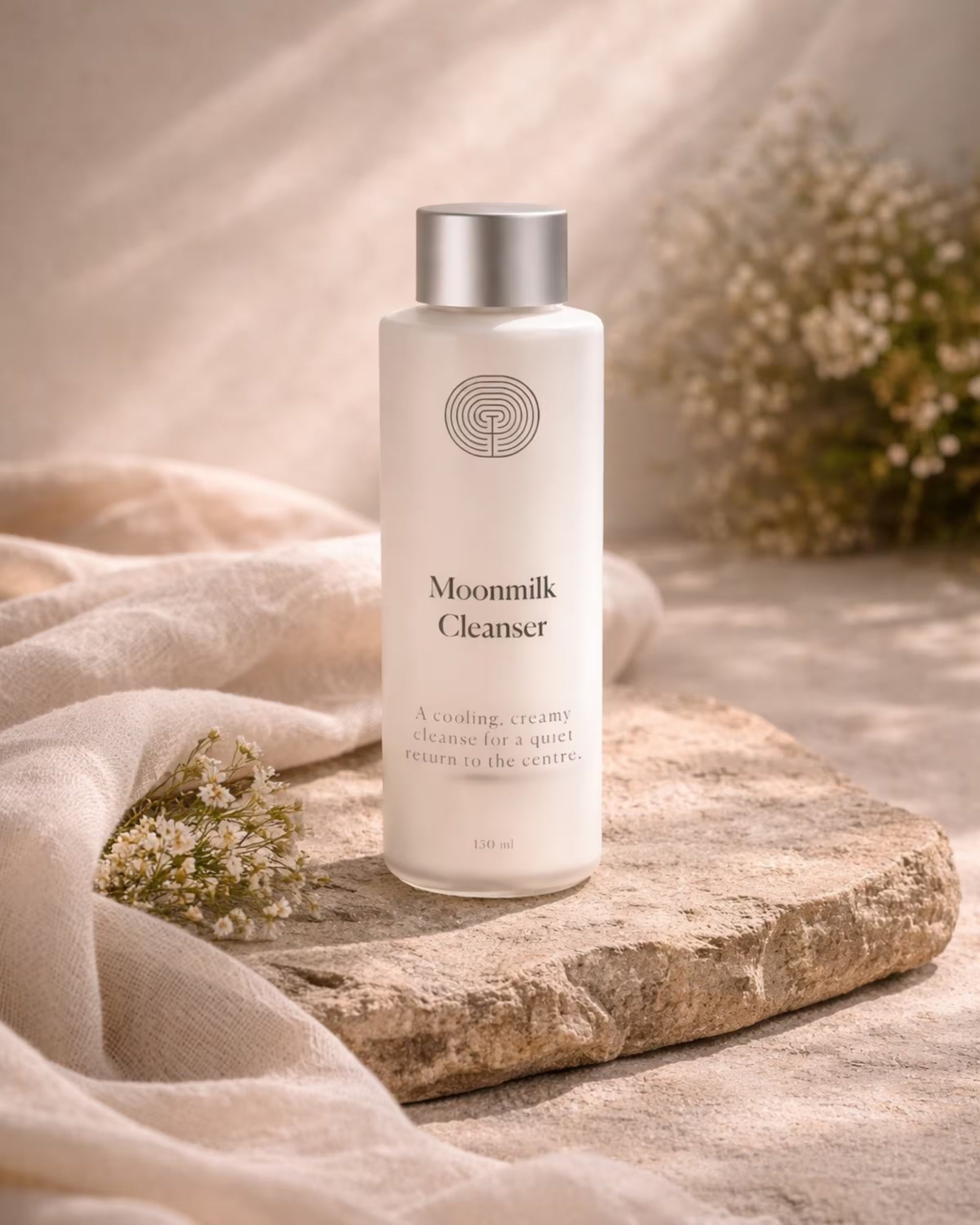 Moonmilk Cleanser bottle on a wooden surface with flowers and fabric in the background.