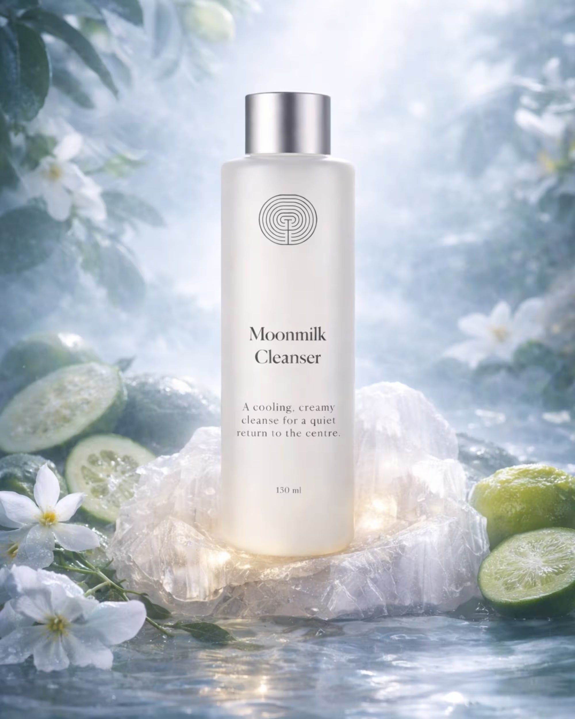 Moonmilk Cleanser bottle on top of selenite crystal with natural elements like cucumbers and flowers in the background.