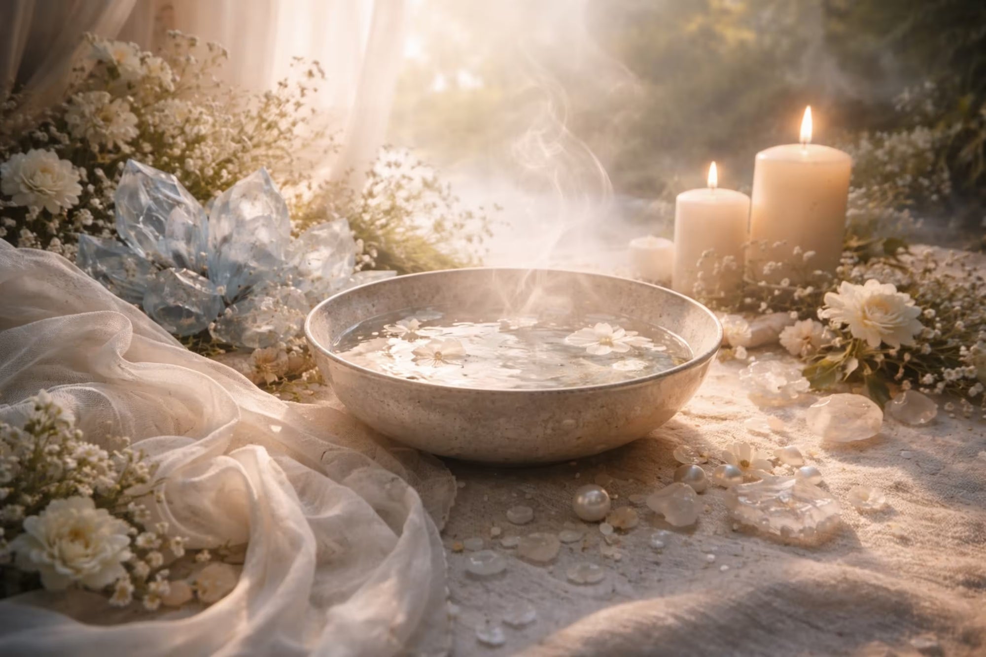 Decorative setting with a bowl of water, candles, and flowers on a sandy surface.