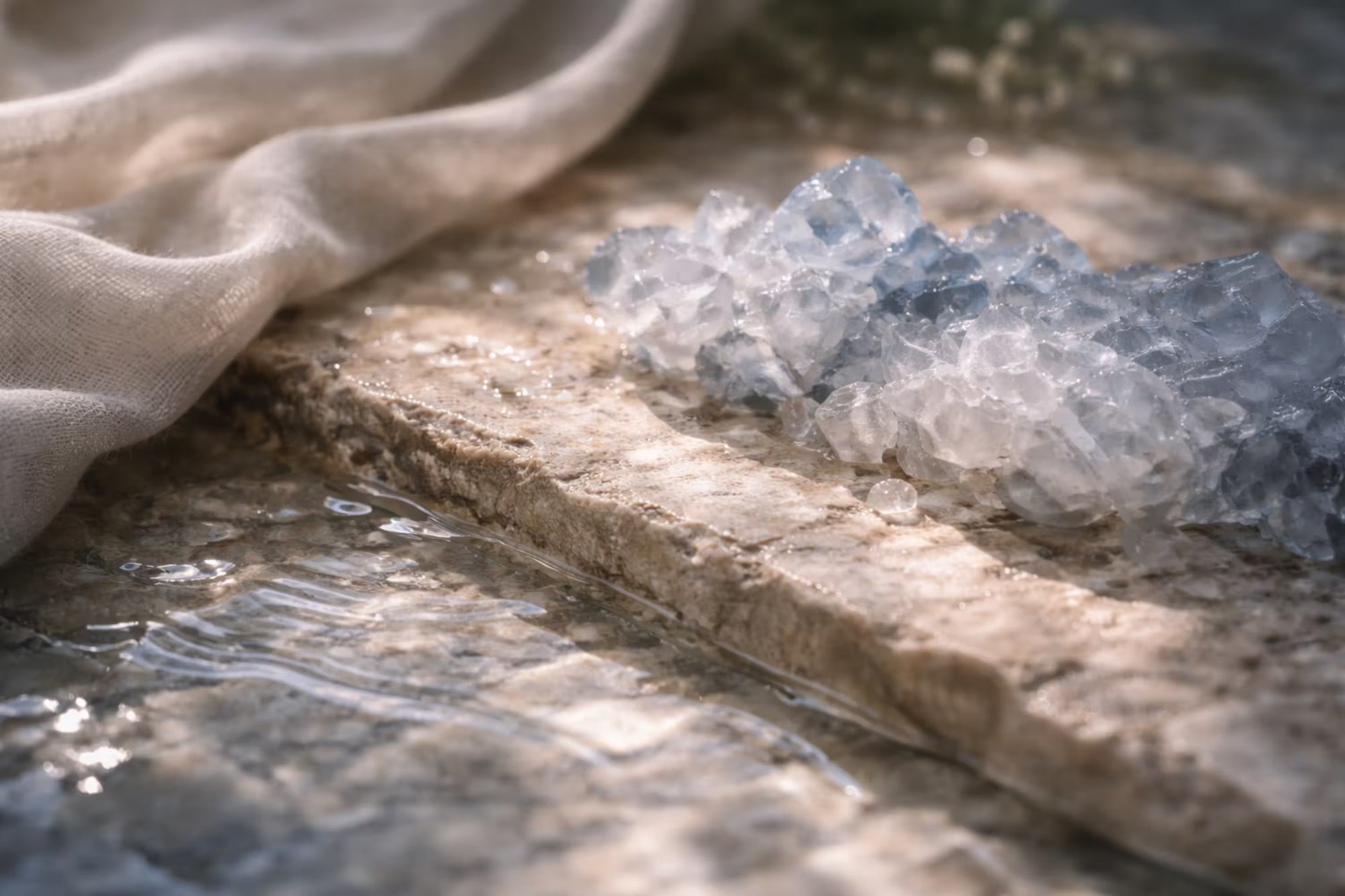 Celestite crystal cluster on a stone surface with a cloth in the background