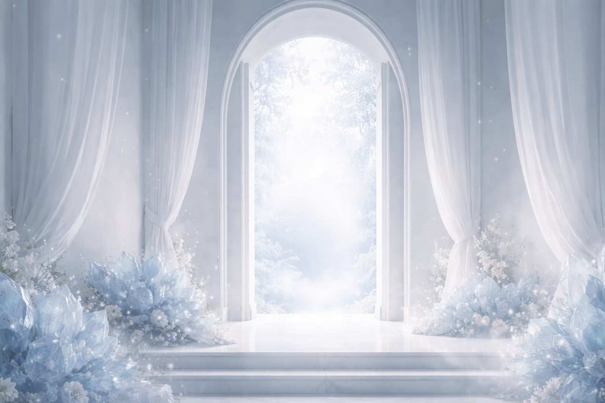 Ethereal room with arched window and celestite crystal clusters.